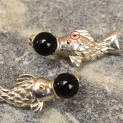 Tiffany & Co. Sterling Silver Onyx Ball Fish Stud Earrings, 18K Gold Accents, Vintage Designer Jewelry, 1 1/4"