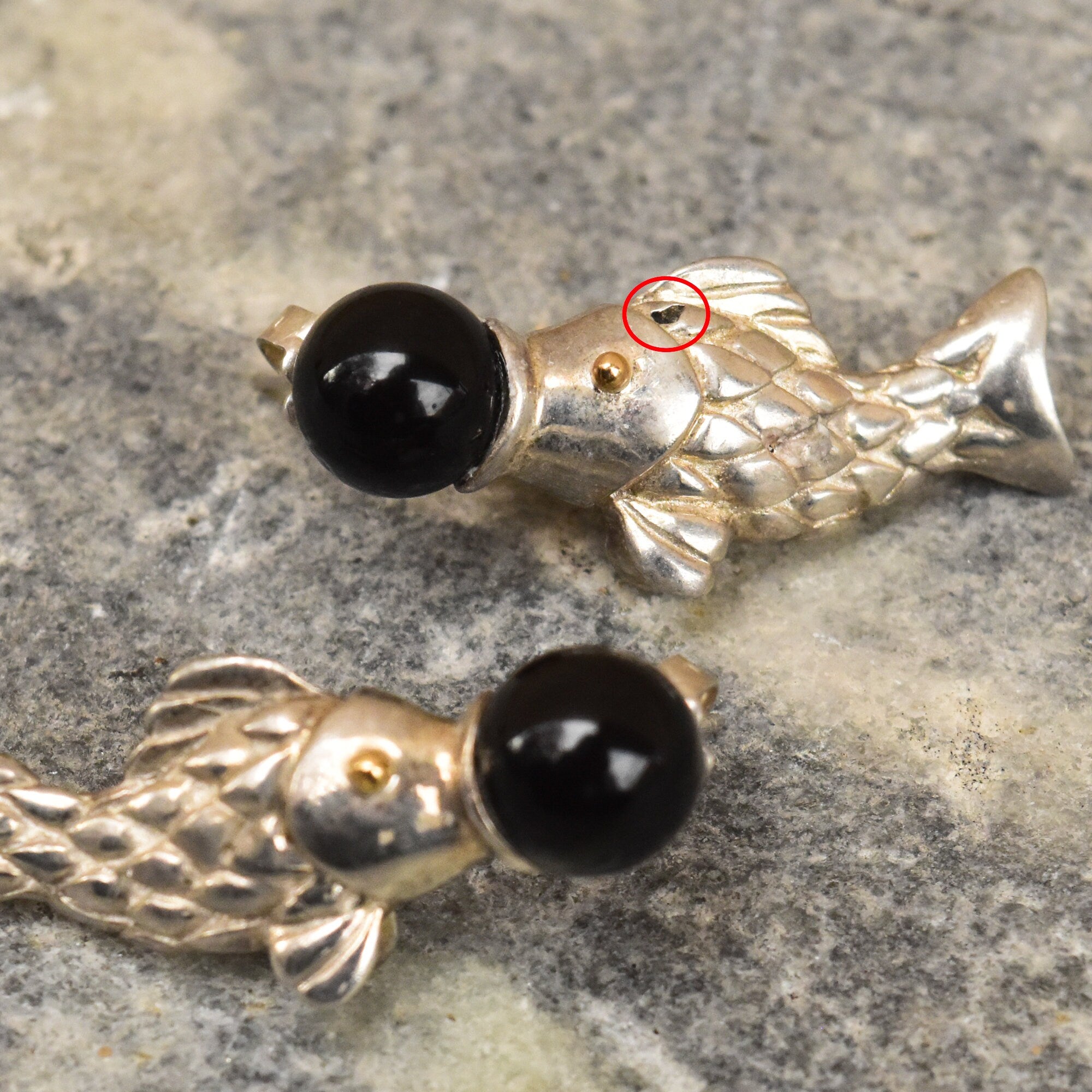 Tiffany & Co. Sterling Silver Onyx Ball Fish Stud Earrings, 18K Gold Accents, Vintage Designer Jewelry, 1 1/4"