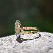Marquise-Cut Aquamarine Engagement Ring In 14K White Gold, Pale Blue Gemstone, Engraved Leaf Motif, Size 6 1/4 US