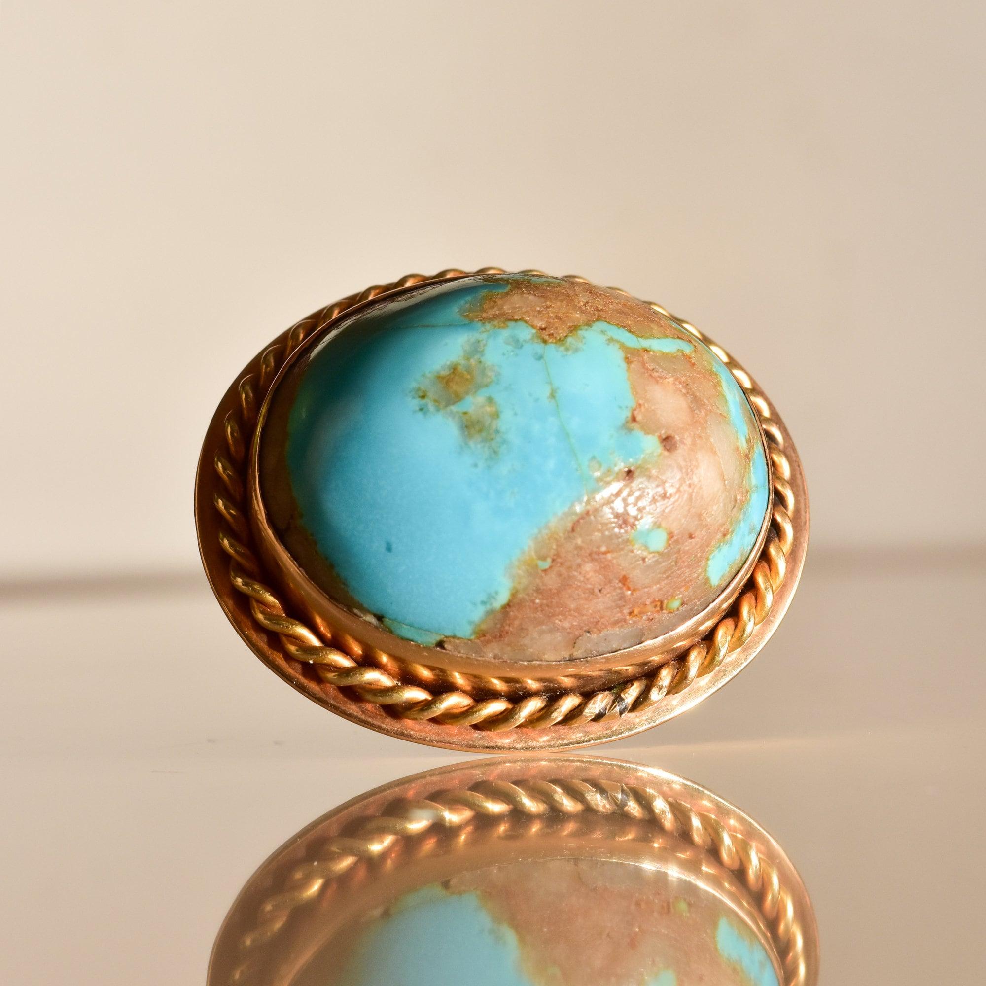 Natural Blue Turquoise Brooch In 14K Yellow Gold, Large Bezel-Set Turquoise Cabochon, Estate Jewelry, 36mm - Good's Vintage