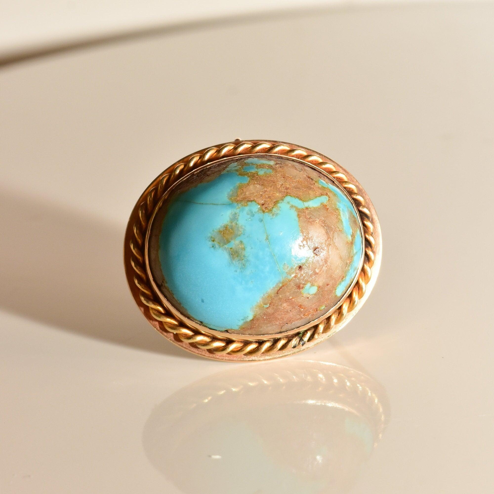 Natural Blue Turquoise Brooch In 14K Yellow Gold, Large Bezel-Set Turquoise Cabochon, Estate Jewelry, 36mm - Good's Vintage
