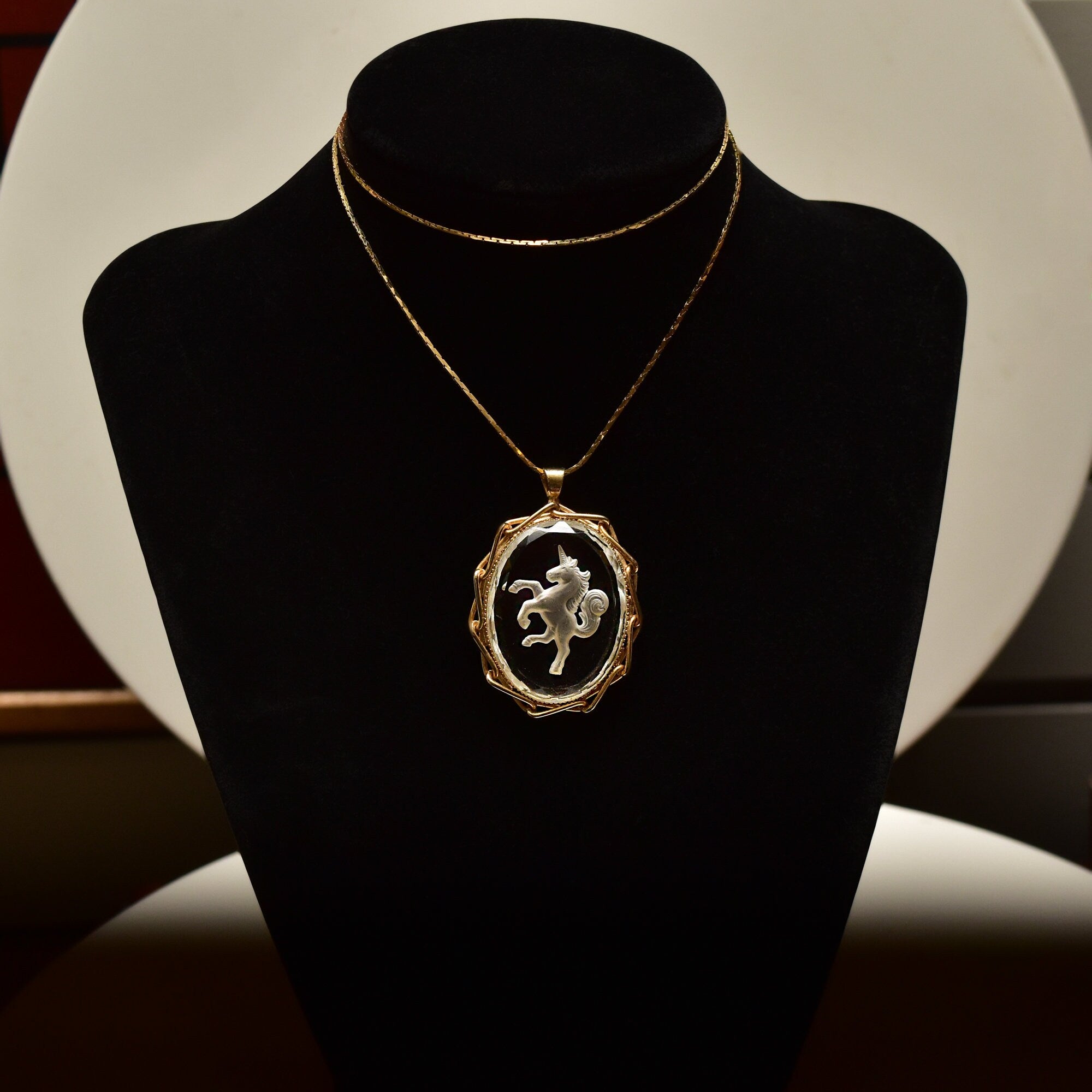 Reverse Glass Intaglio Unicorn Pendant, Gold-Tone Chain Link Setting, Faceted Clear Glass Cameo, 47mm