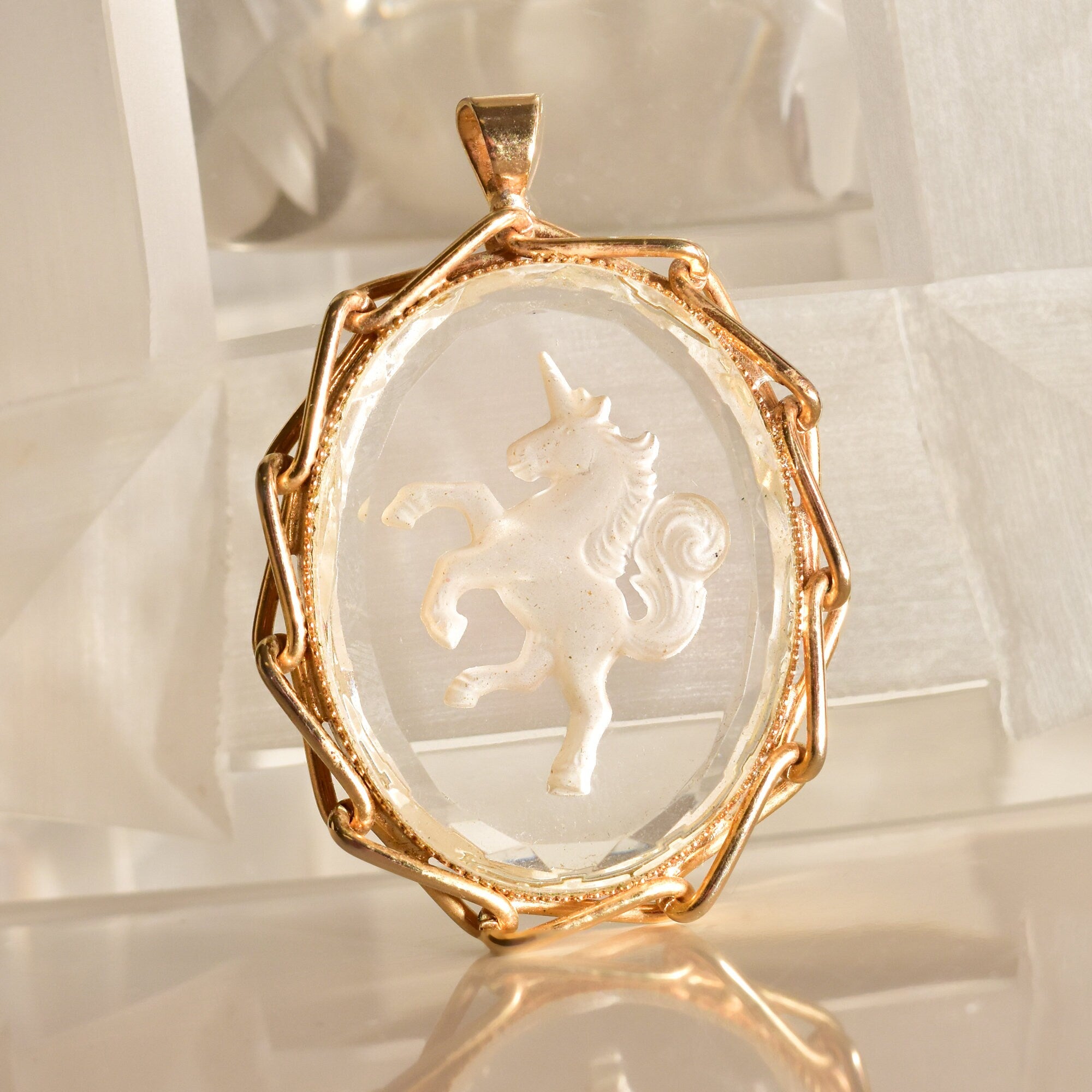 Reverse Glass Intaglio Unicorn Pendant, Gold-Tone Chain Link Setting, Faceted Clear Glass Cameo, 47mm