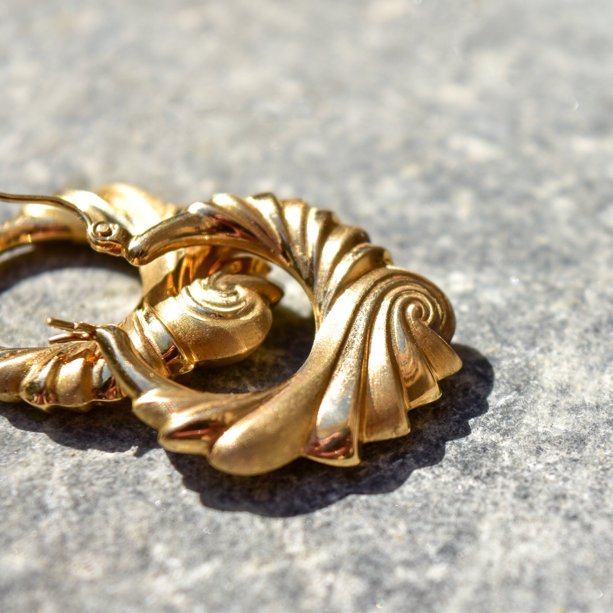 Modernist 14K Brushed Swirl Hoop Earrings, Puffed Yellow Gold Spiral Hoops, Estate Jewelry, 30mm