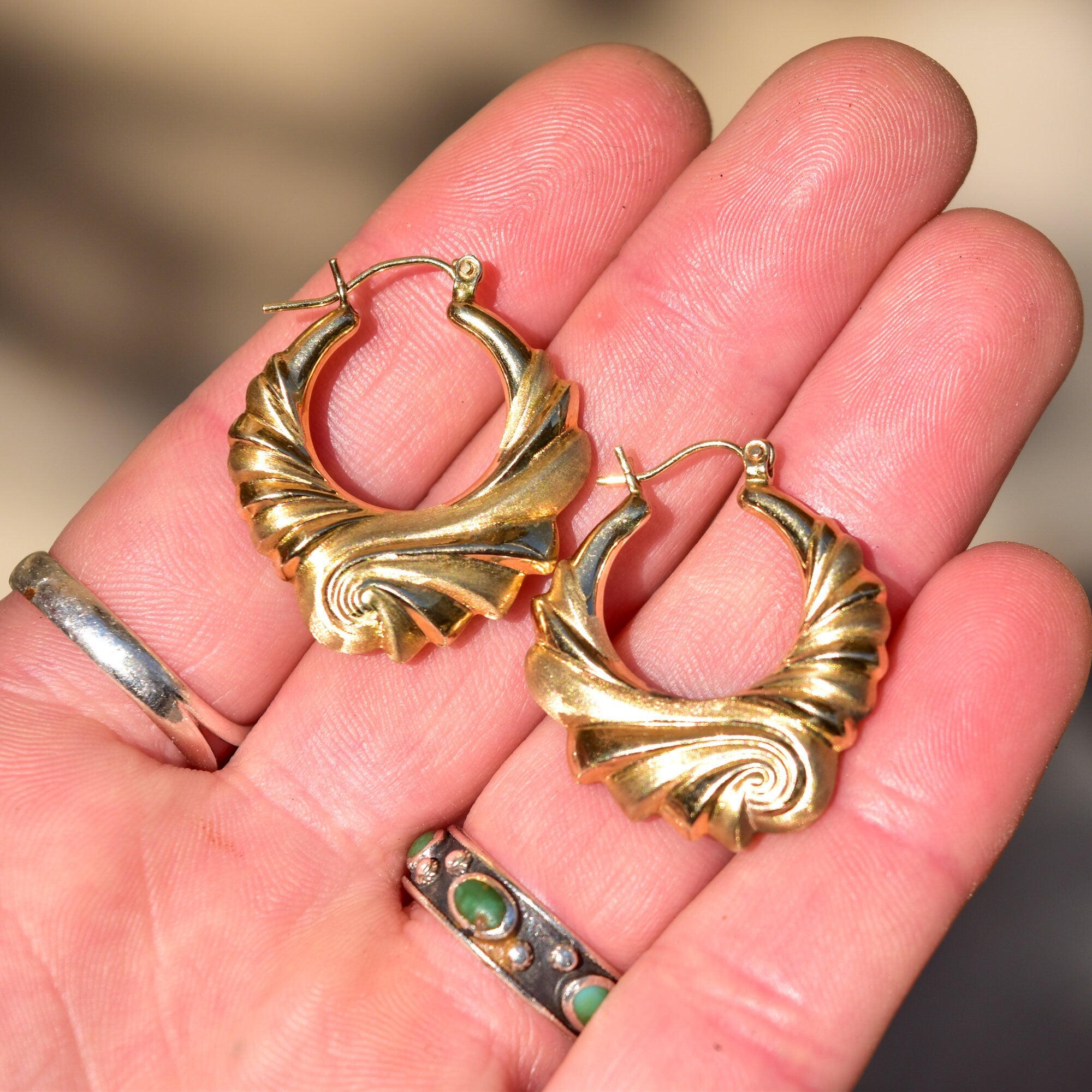 Modernist 14K Brushed Swirl Hoop Earrings, Puffed Yellow Gold Spiral Hoops, Estate Jewelry, 30mm
