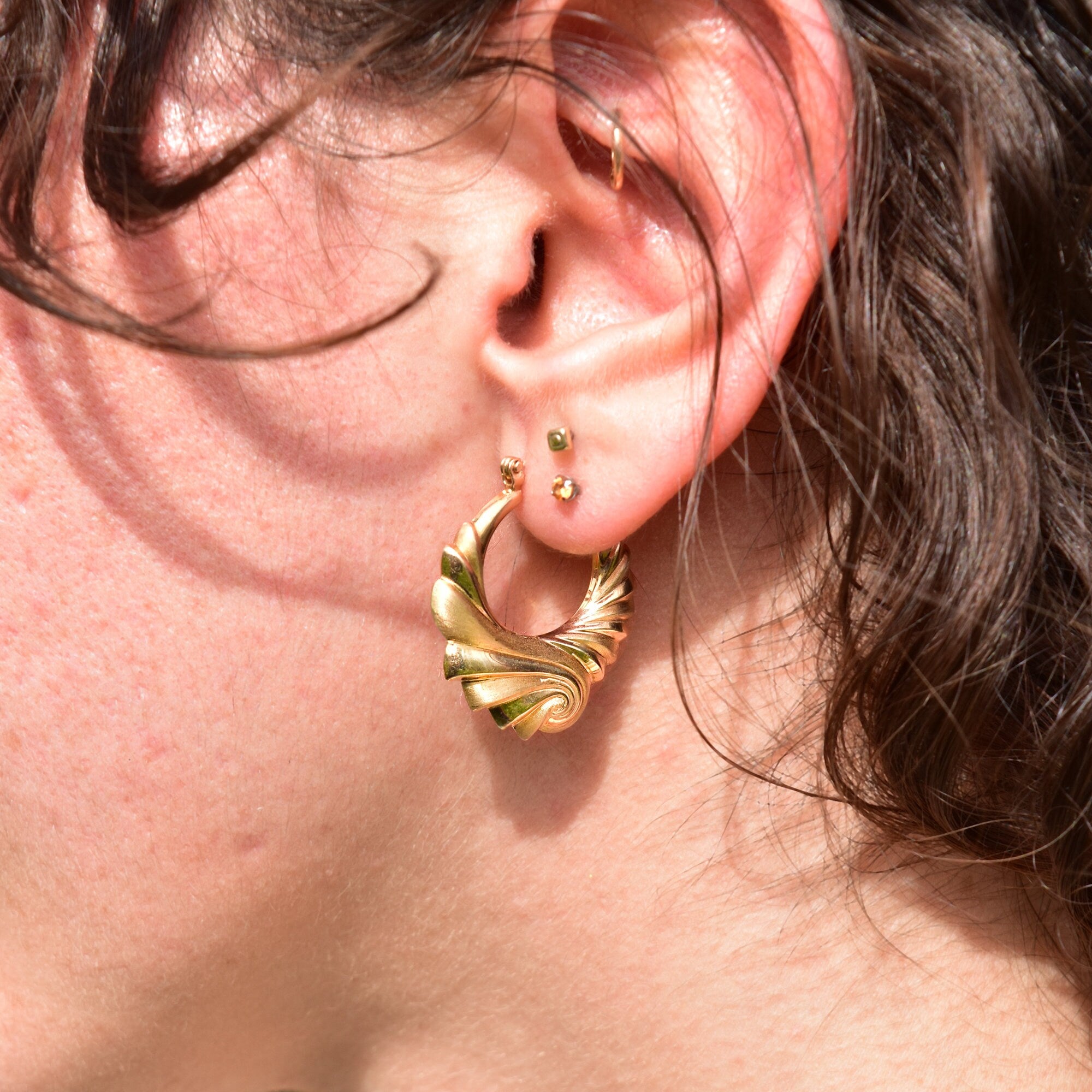 Modernist 14K Brushed Swirl Hoop Earrings, Puffed Yellow Gold Spiral Hoops, Estate Jewelry, 30mm