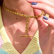 Gold-Tone Watch Fob Choker Necklace, T-Bar Pendant, 6mm Cable Link Chain, Cute Vintage Necklace, 15 1/4" L