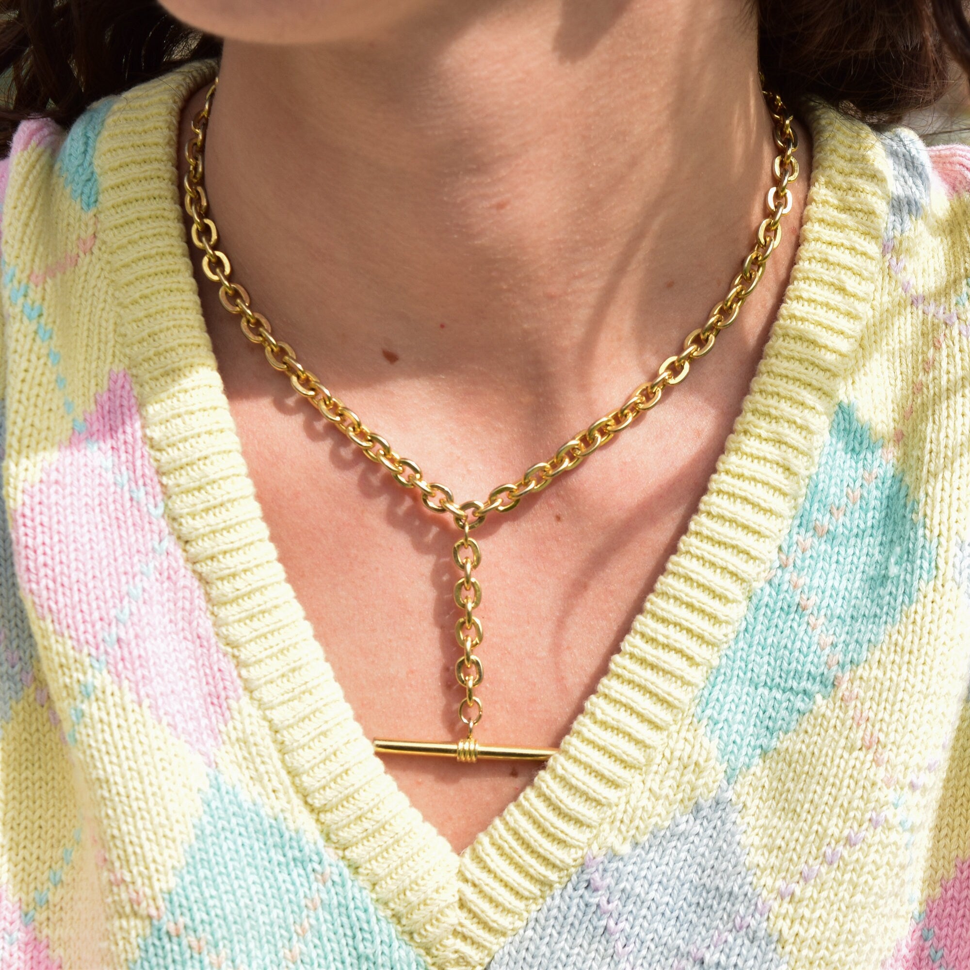 Gold-Tone Watch Fob Choker Necklace, T-Bar Pendant, 6mm Cable Link Chain, Cute Vintage Necklace, 15 1/4" L