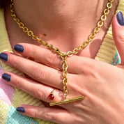 Gold-Tone Watch Fob Choker Necklace, T-Bar Pendant, 6mm Cable Link Chain, Cute Vintage Necklace, 15 1/4" L