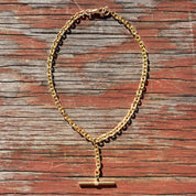Gold-Tone Watch Fob Choker Necklace, T-Bar Pendant, 6mm Cable Link Chain, Cute Vintage Necklace, 15 1/4" L