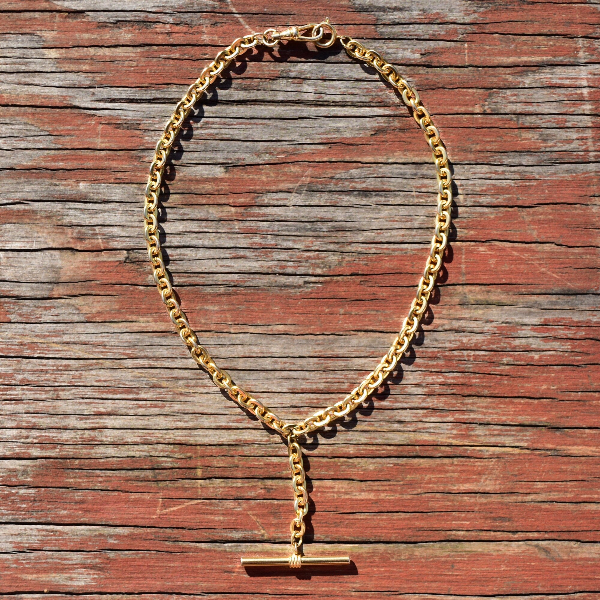 Gold-Tone Watch Fob Choker Necklace, T-Bar Pendant, 6mm Cable Link Chain, Cute Vintage Necklace, 15 1/4" L