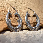 Engraved Sterling Silver Fish Hoop Earrings, Mirrored Etched Fish Design, Pierced Oval Hoops, 30mm