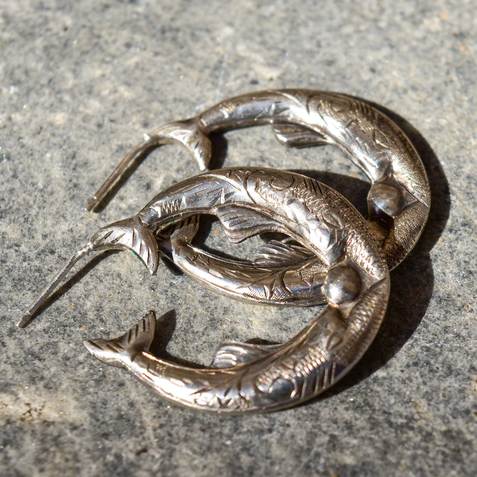 Engraved Sterling Silver Fish Hoop Earrings, Mirrored Etched Fish Design, Pierced Oval Hoops, 30mm