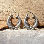 Engraved Sterling Silver Fish Hoop Earrings, Mirrored Etched Fish Design, Pierced Oval Hoops, 30mm