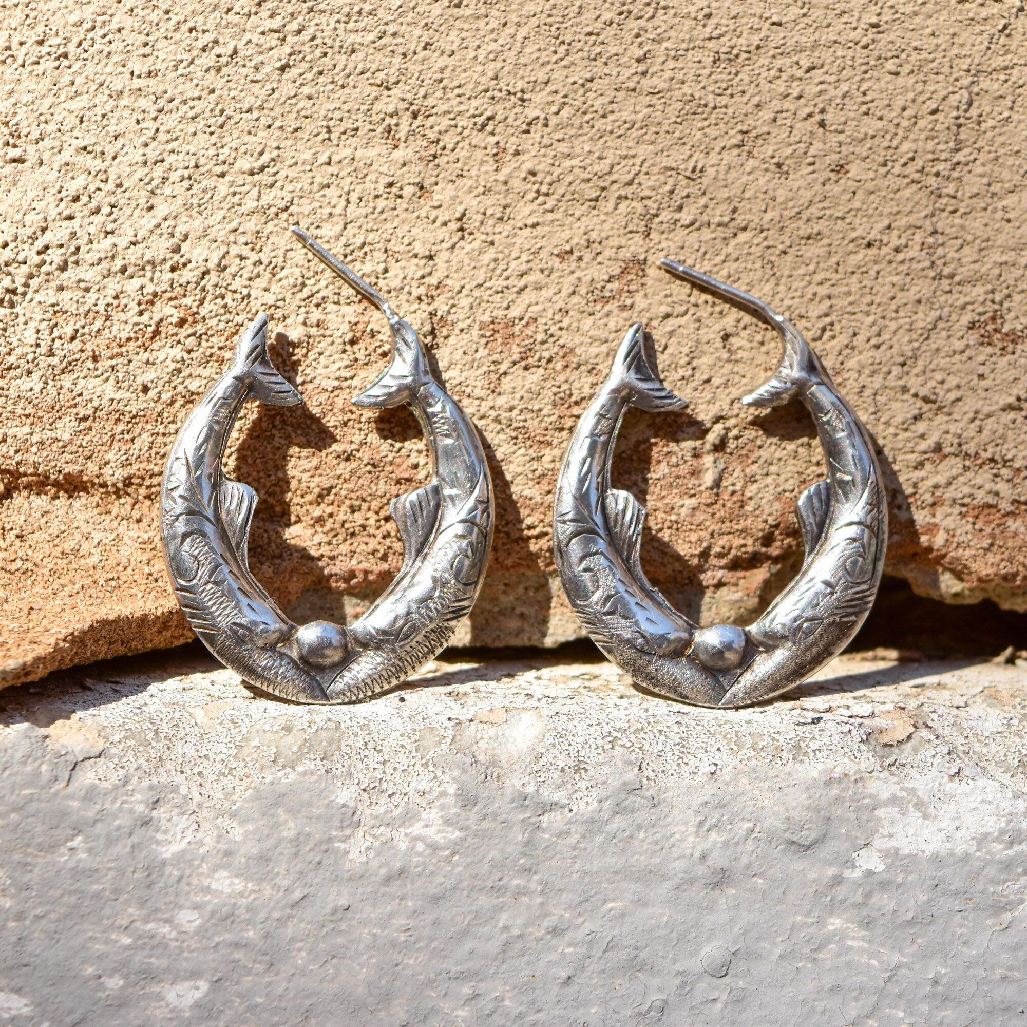 Engraved Sterling Silver Fish Hoop Earrings, Mirrored Etched Fish Design, Pierced Oval Hoops, 30mm