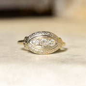 Art Deco 14K White Gold 3-Diamond Engagement Ring, Floral Repousse Design, Size 9 1/4 US