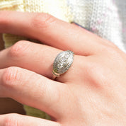Art Deco 14K White Gold 3-Diamond Engagement Ring, Floral Repousse Design, Size 9 1/4 US