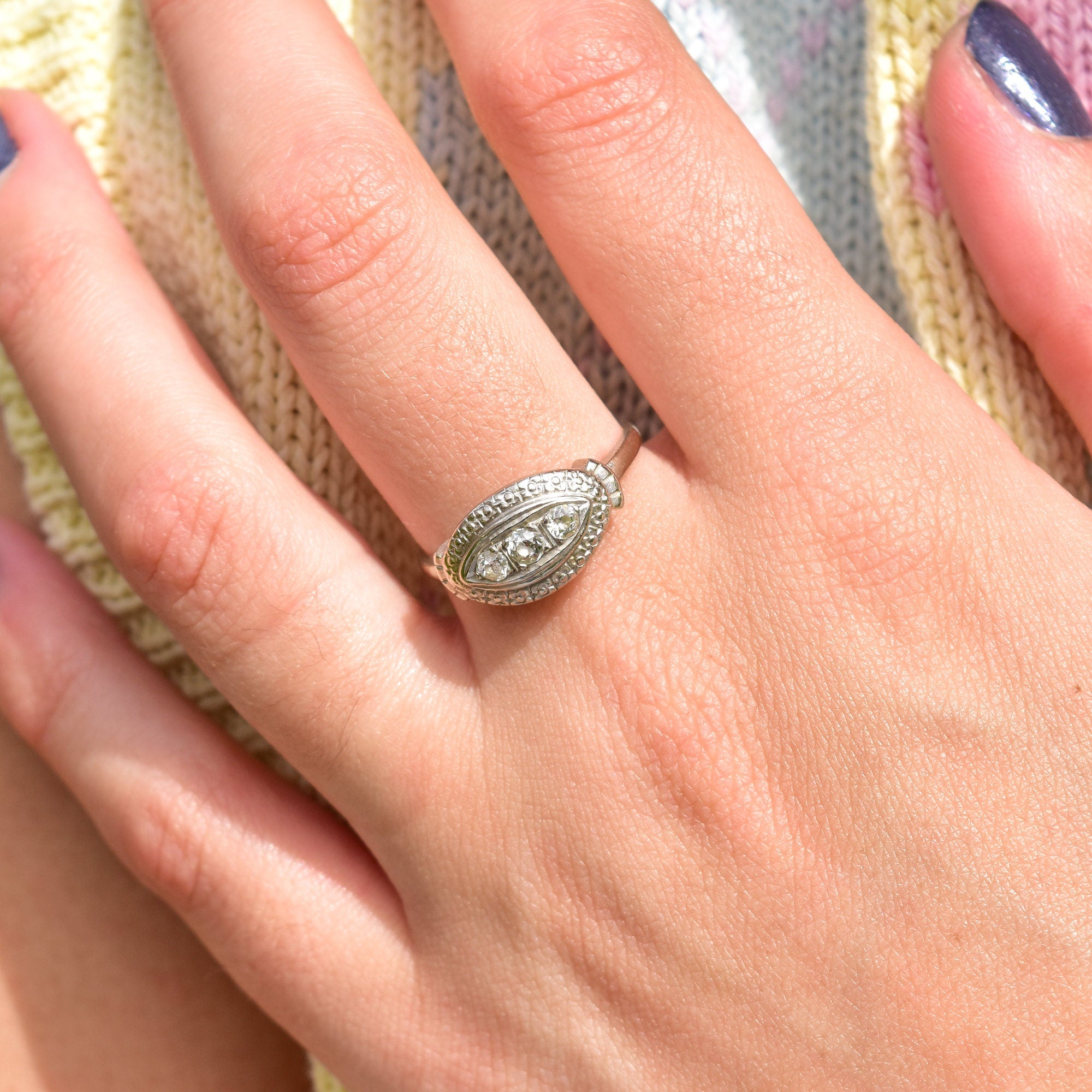 Art Deco 14K White Gold 3-Diamond Engagement Ring, Floral Repousse Design, Size 9 1/4 US