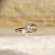 Art Deco 14K White Gold 3-Diamond Engagement Ring, Floral Repousse Design, Size 9 1/4 US