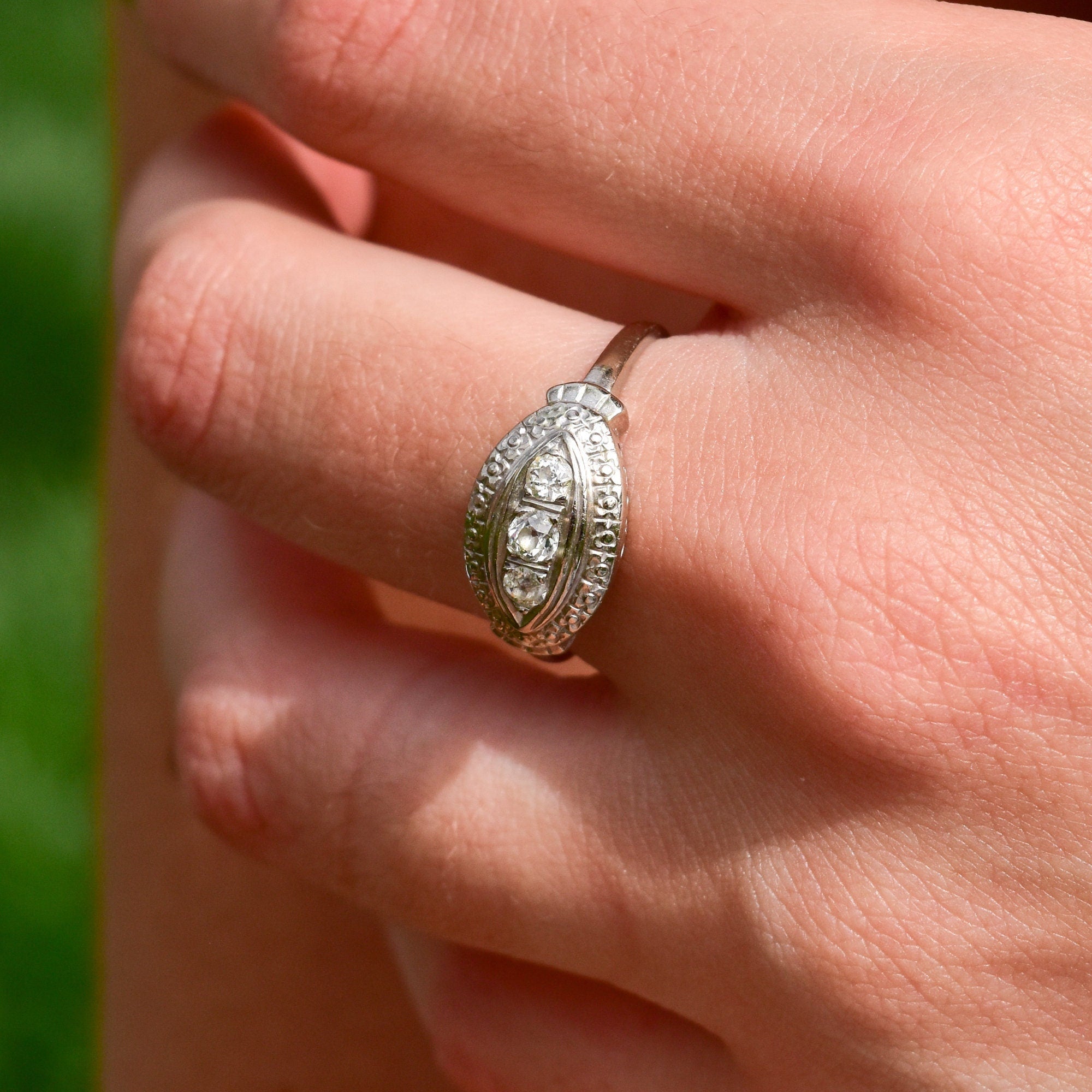 Art Deco 14K White Gold 3-Diamond Engagement Ring, Floral Repousse Design, Size 9 1/4 US