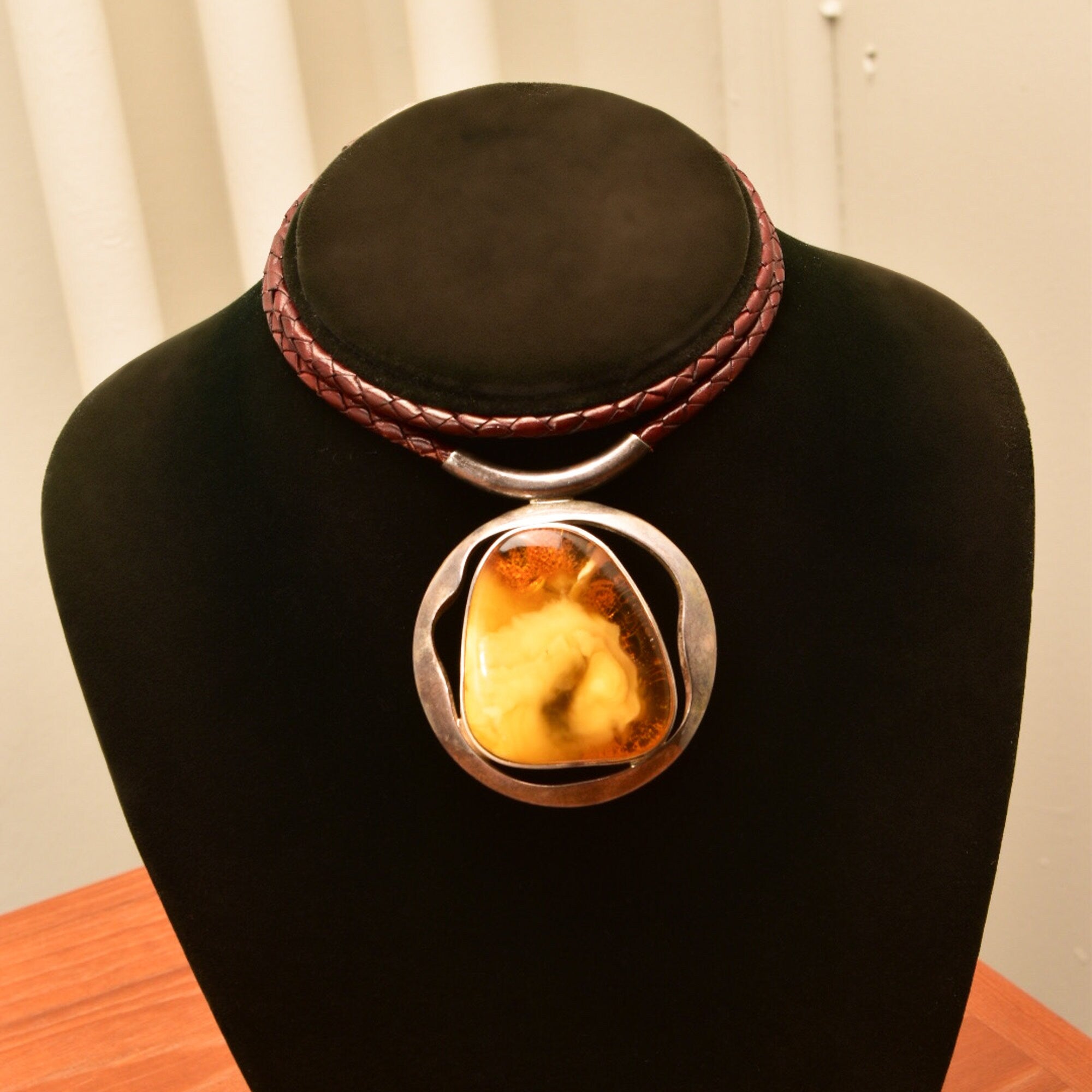 Large Natural Baltic Amber Pendant Necklace On Brown Braided Leather Cord, Bohemian Jewelry, 22" L