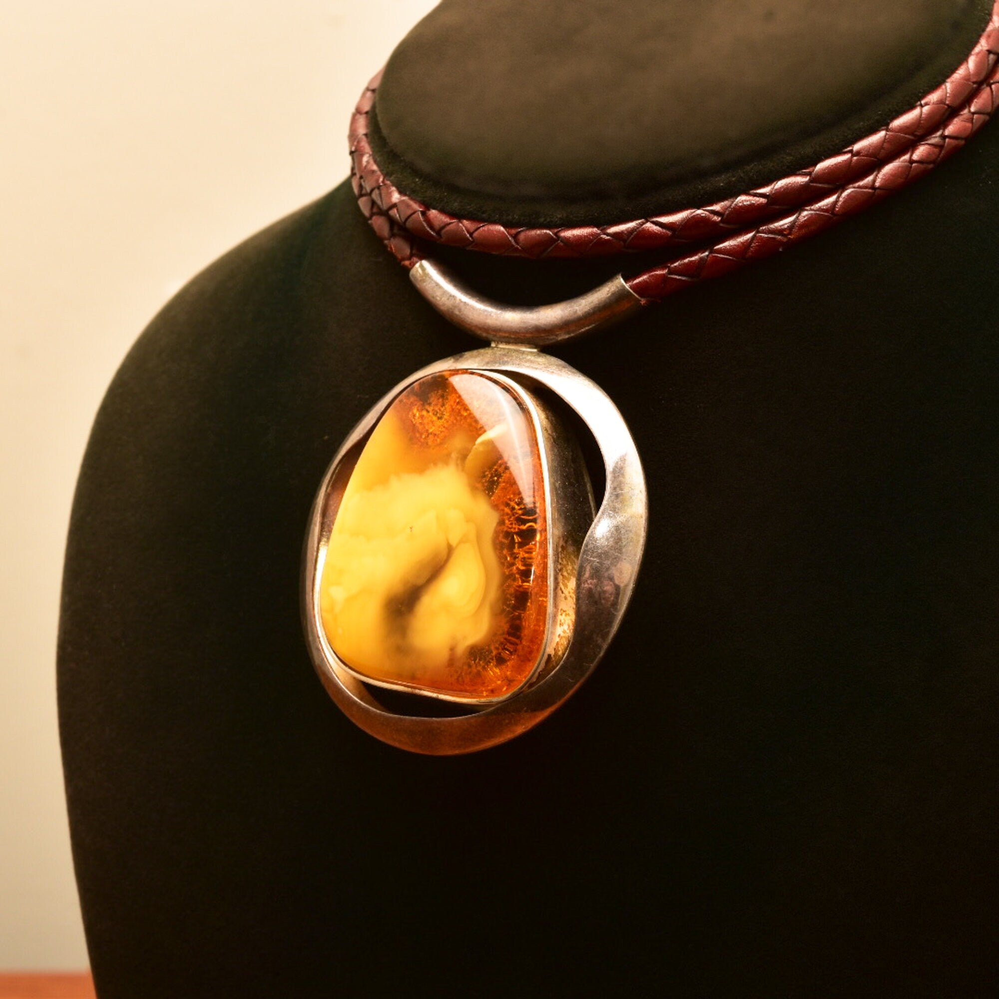 Large Natural Baltic Amber Pendant Necklace On Brown Braided Leather Cord, Bohemian Jewelry, 22" L