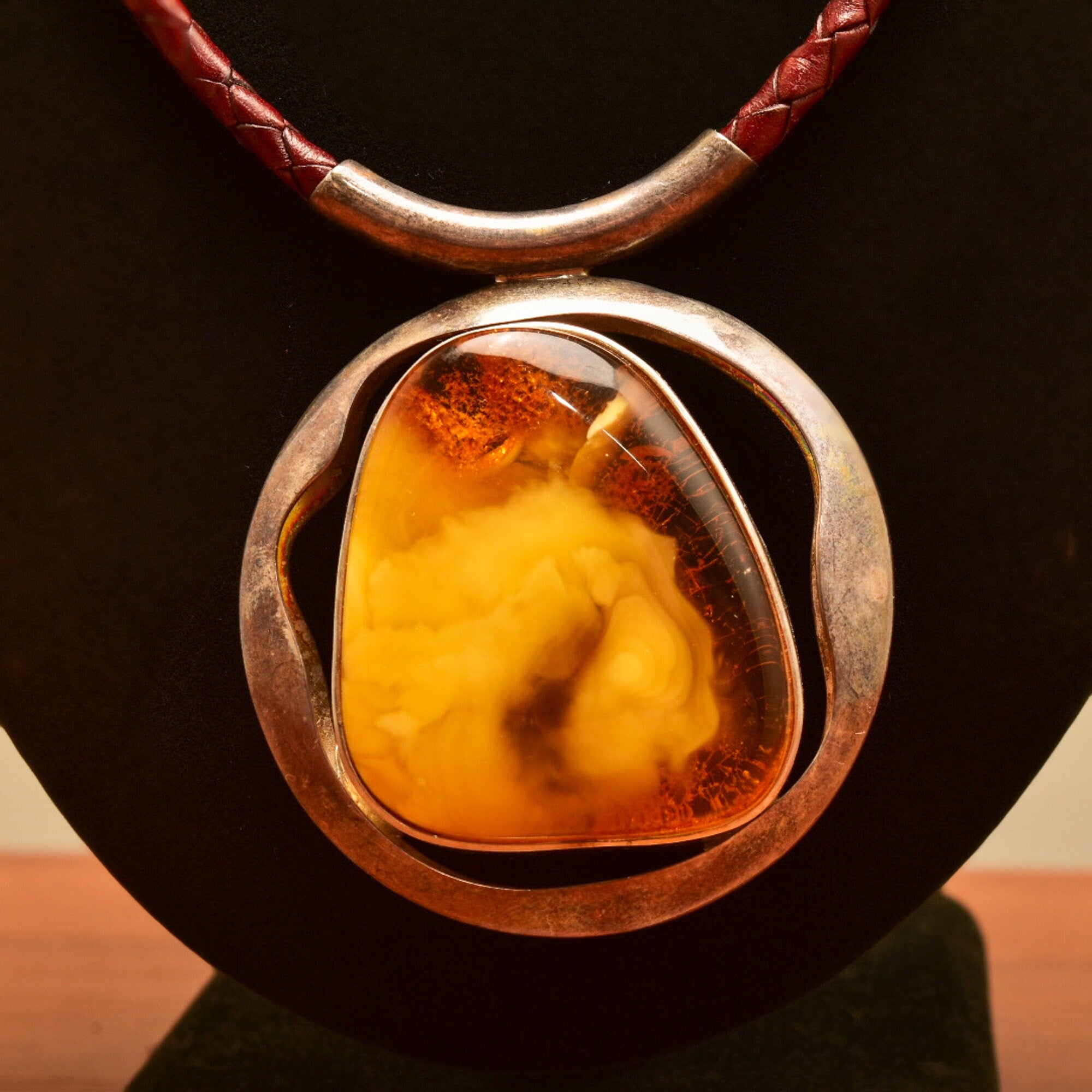 Large Natural Baltic Amber Pendant Necklace On Brown Braided Leather Cord, Bohemian Jewelry, 22" L