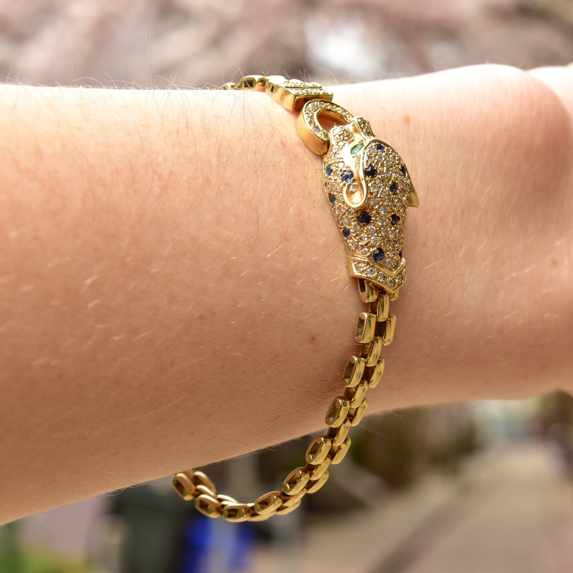 Diamond Sapphire Emerald Panther Head Link Bracelet In 18K Yellow Gold, 6mm Panther Link Chain, 7 1/8" L
