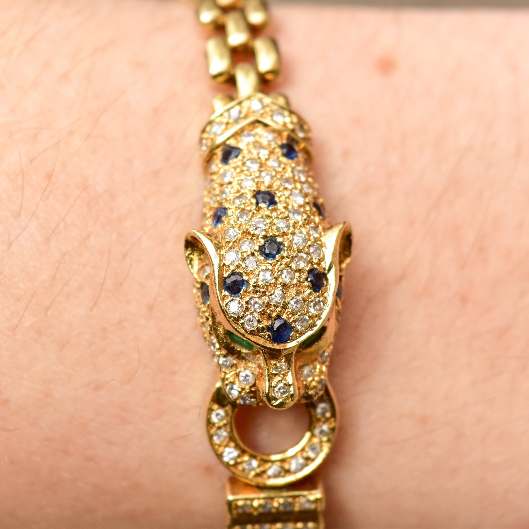 Diamond Sapphire Emerald Panther Head Link Bracelet In 18K Yellow Gold, 6mm Panther Link Chain, 7 1/8" L