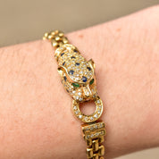 Diamond Sapphire Emerald Panther Head Link Bracelet In 18K Yellow Gold, 6mm Panther Link Chain, 7 1/8" L