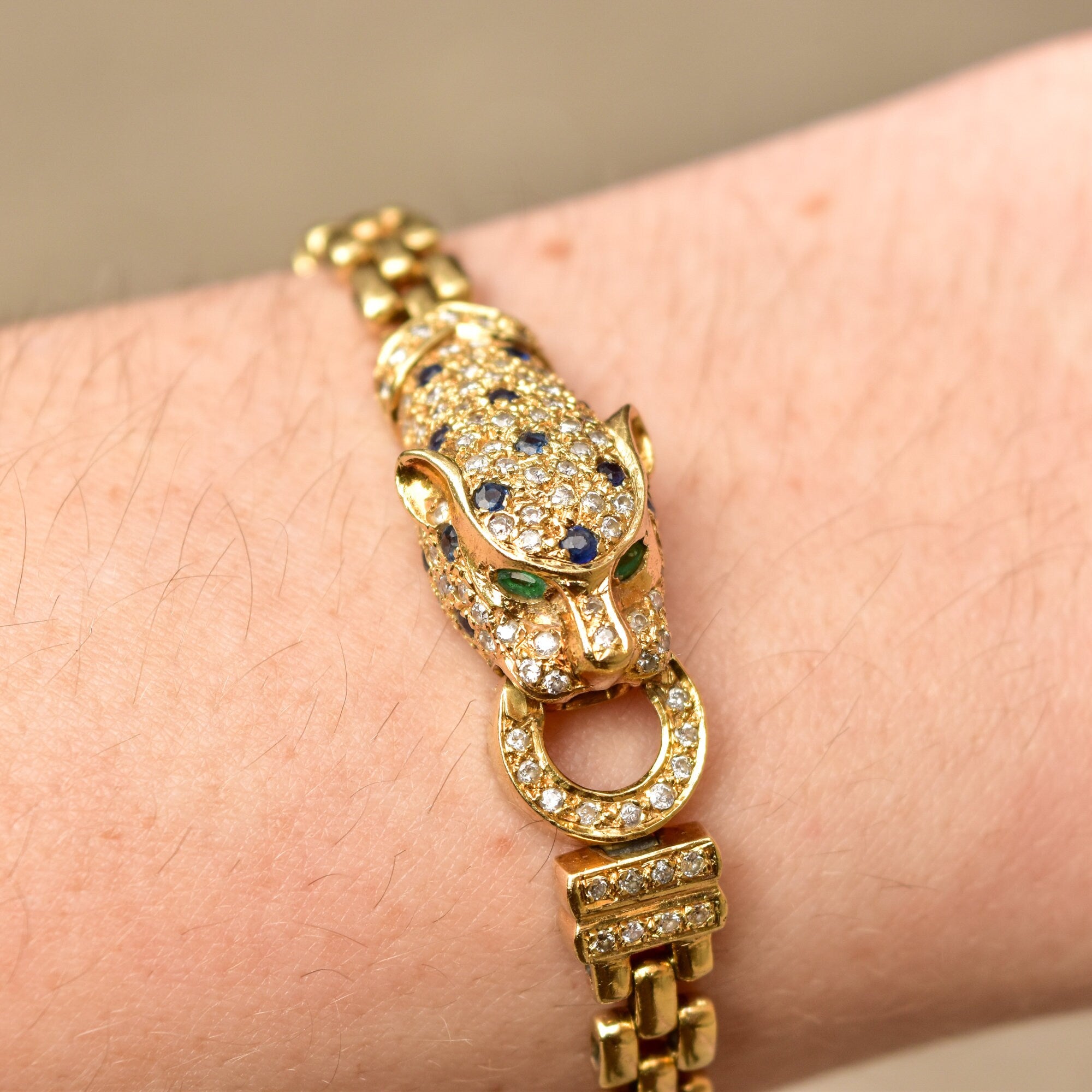 Diamond Sapphire Emerald Panther Head Link Bracelet In 18K Yellow Gold, 6mm Panther Link Chain, 7 1/8" L