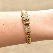 Diamond Sapphire Emerald Panther Head Link Bracelet In 18K Yellow Gold, 6mm Panther Link Chain, 7 1/8" L