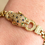 Diamond Sapphire Emerald Panther Head Link Bracelet In 18K Yellow Gold, 6mm Panther Link Chain, 7 1/8" L