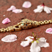 Diamond Sapphire Emerald Panther Head Link Bracelet In 18K Yellow Gold, 6mm Panther Link Chain, 7 1/8" L