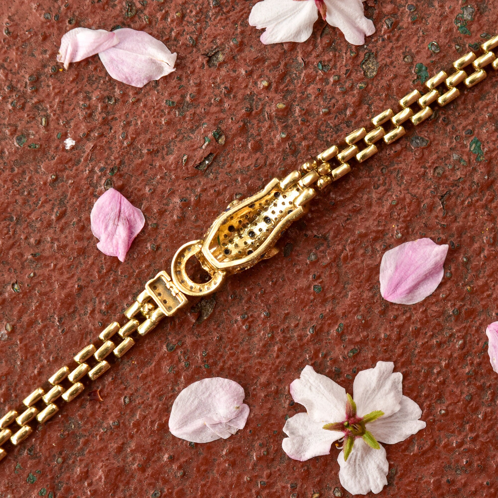 Diamond Sapphire Emerald Panther Head Link Bracelet In 18K Yellow Gold, 6mm Panther Link Chain, 7 1/8" L