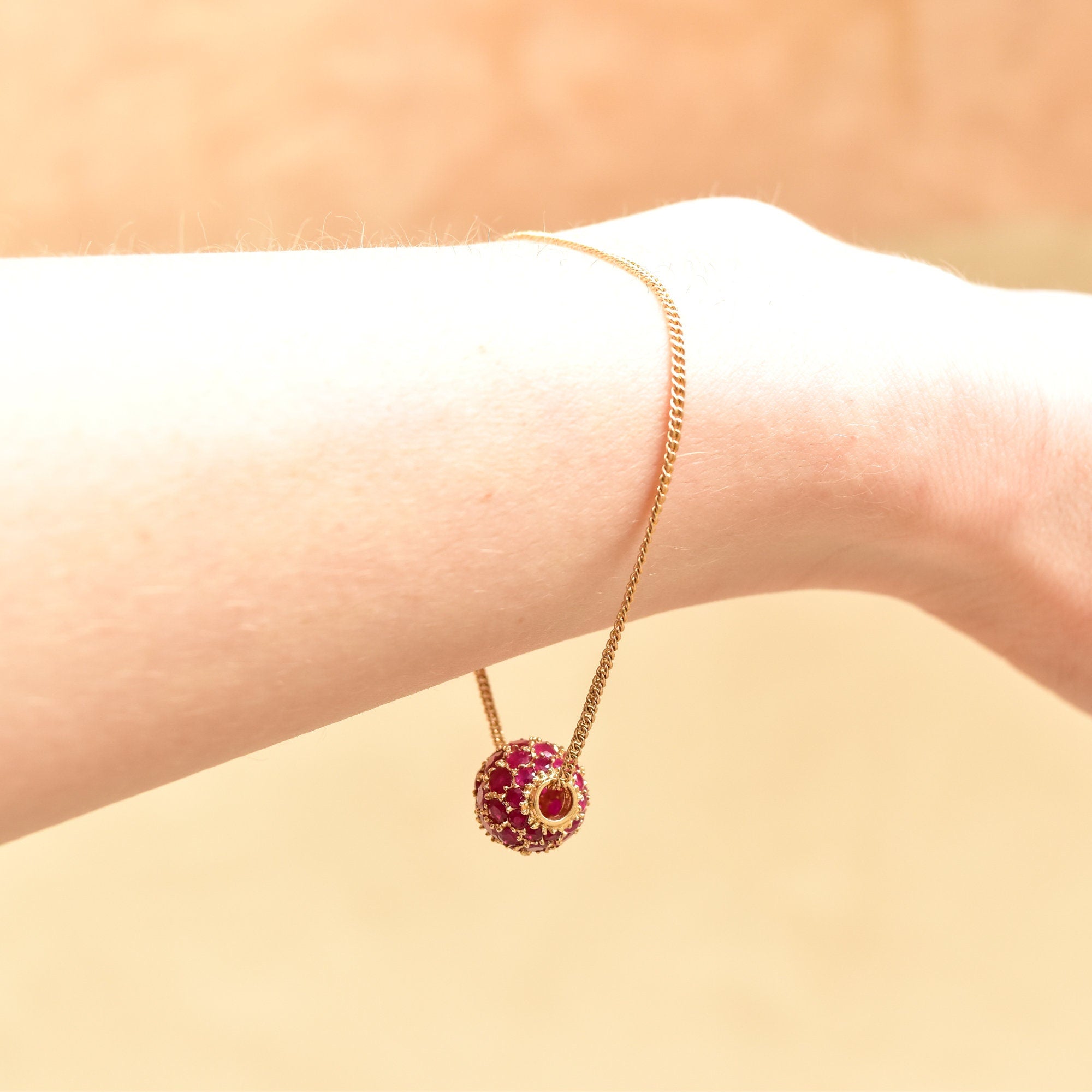 Ruby Pave Cluster Ball Chain Bracelet In 14K Yellow Gold, Sphere Bead On 1.5mm Cable Chain, Estate Jewelry, 7" L