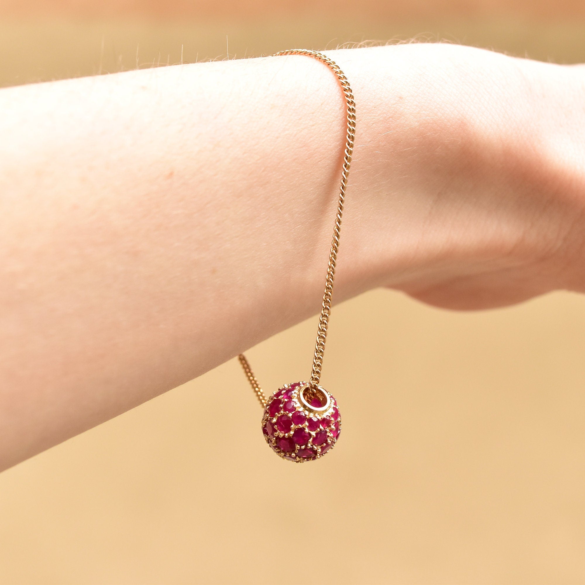 Ruby Pave Cluster Ball Chain Bracelet In 14K Yellow Gold, Sphere Bead On 1.5mm Cable Chain, Estate Jewelry, 7" L