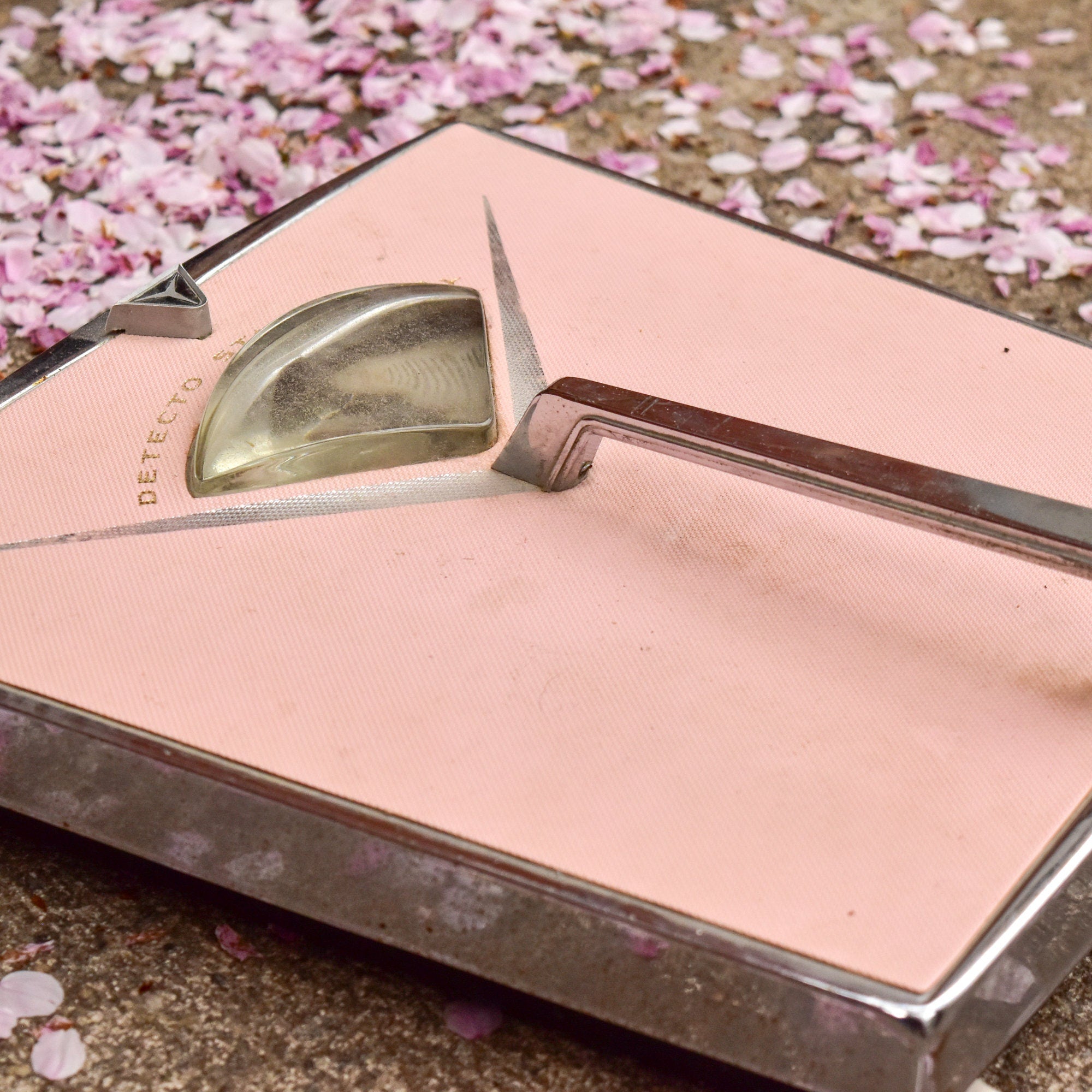 1950's MCM Pink Detecto Stand-A-Way Bathroom Scale, Silver Trim & Handle, Working Condition