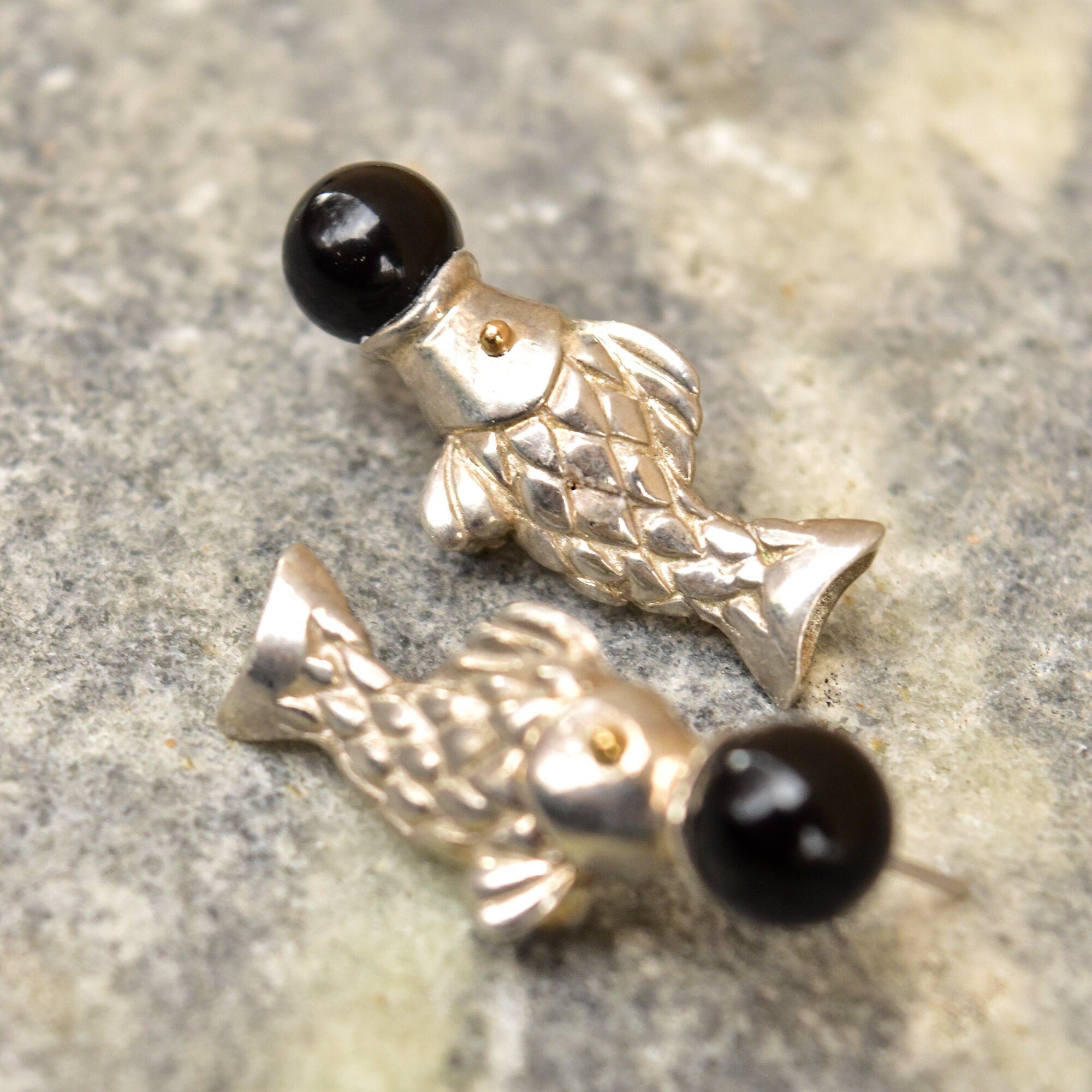 Tiffany & Co. Sterling Silver Onyx Ball Fish Stud Earrings, 18K Gold Accents, Vintage Designer Jewelry, 1 1/4"