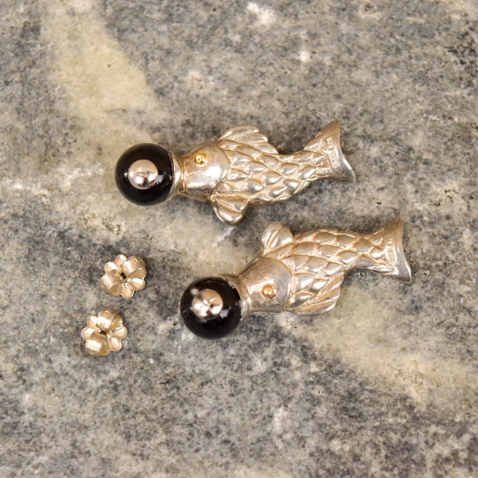 Tiffany & Co. Sterling Silver Onyx Ball Fish Stud Earrings, 18K Gold Accents, Vintage Designer Jewelry, 1 1/4"