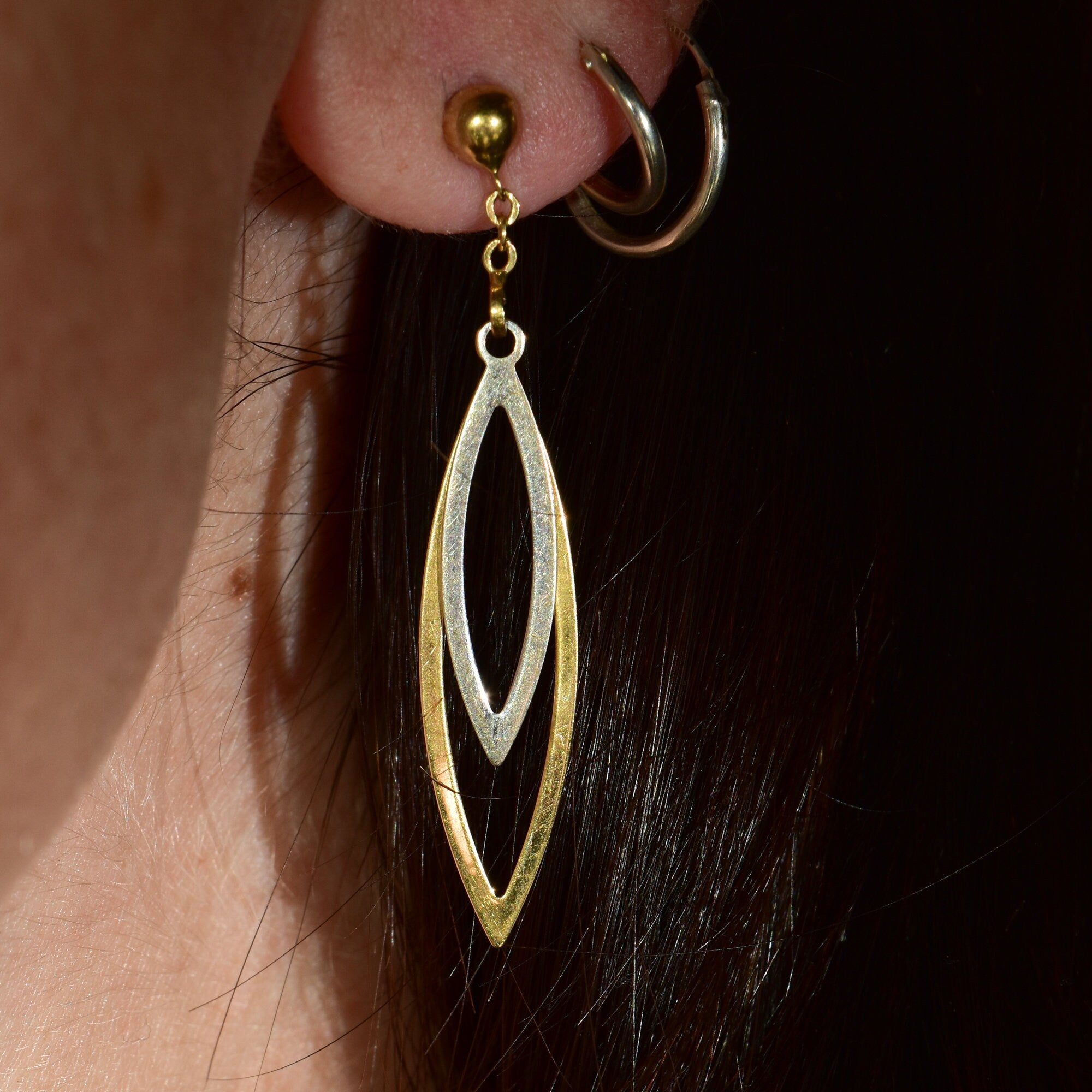 Minimalist 18K Two-Tone Pierced Dangle Earrings, Modernist Cut-Out Marquise-Shape Dangle Earrings, 44mm