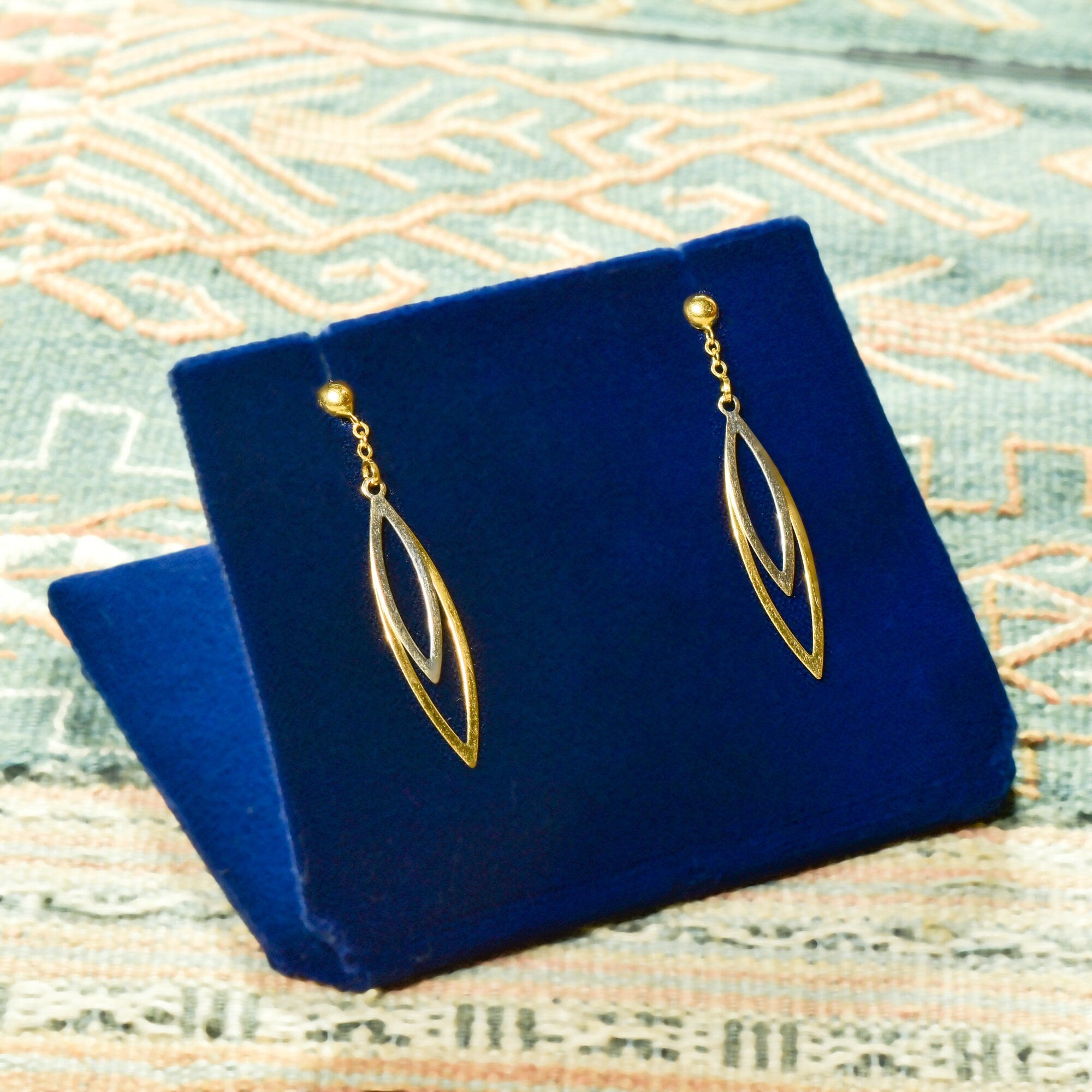 Minimalist 18K Two-Tone Pierced Dangle Earrings, Modernist Cut-Out Marquise-Shape Dangle Earrings, 44mm