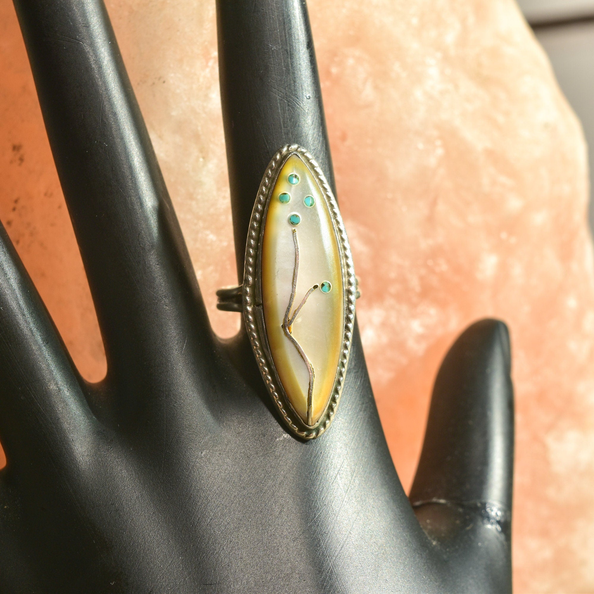 Abstract Floral Mother Of Pearl Marquise Ring, Beautiful Inlay Design, Vintage Thumb Ring, Size 6 1/2 US