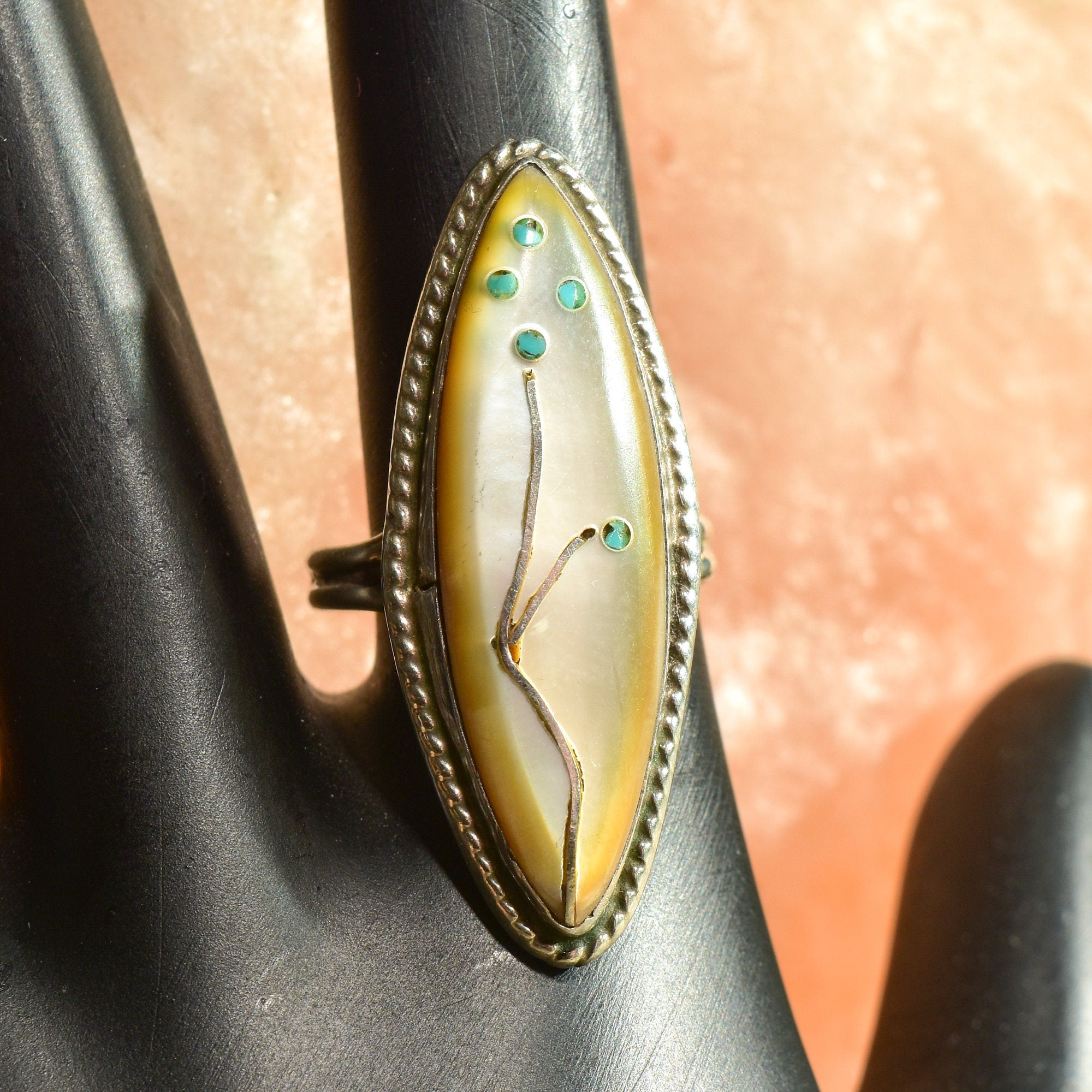 Abstract Floral Mother Of Pearl Marquise Ring, Beautiful Inlay Design, Vintage Thumb Ring, Size 6 1/2 US