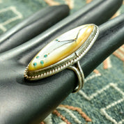 Abstract Floral Mother Of Pearl Marquise Ring, Beautiful Inlay Design, Vintage Thumb Ring, Size 6 1/2 US