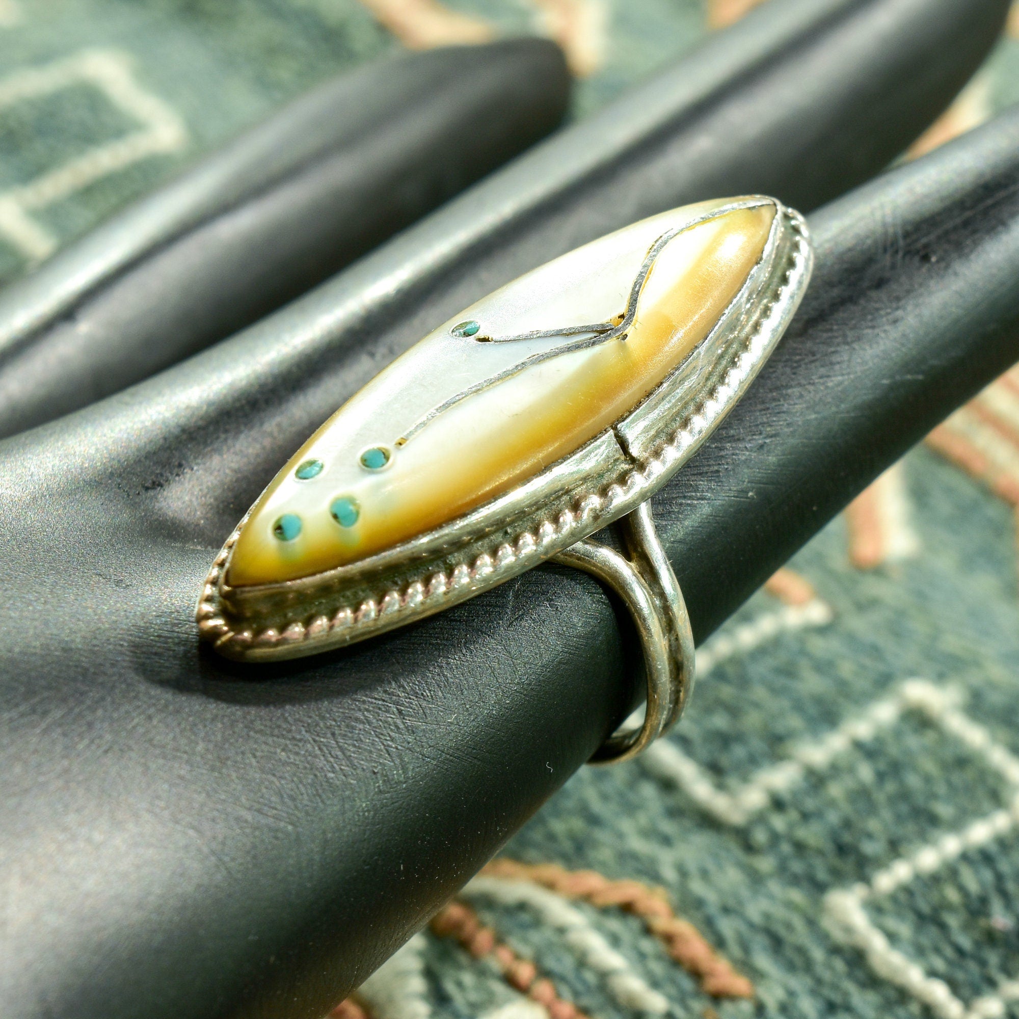 Abstract Floral Mother Of Pearl Marquise Ring, Beautiful Inlay Design, Vintage Thumb Ring, Size 6 1/2 US