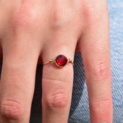 Minimalist 10K Ruby Swivel Ring, Yellow Gold Wire Band, Faceted Red Stone, Stacking Ring, Size 6 1/2 US