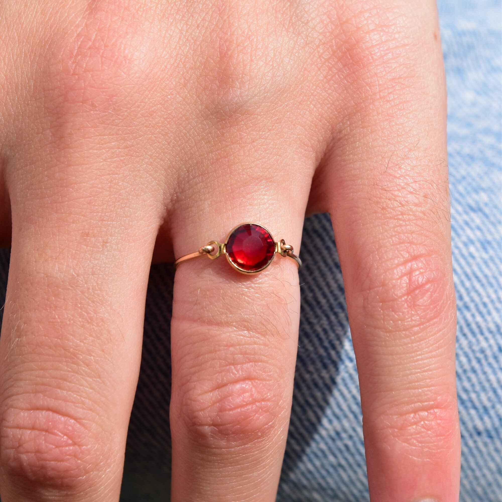 Minimalist 10K Ruby Swivel Ring, Yellow Gold Wire Band, Faceted Red Stone, Stacking Ring, Size 6 1/2 US