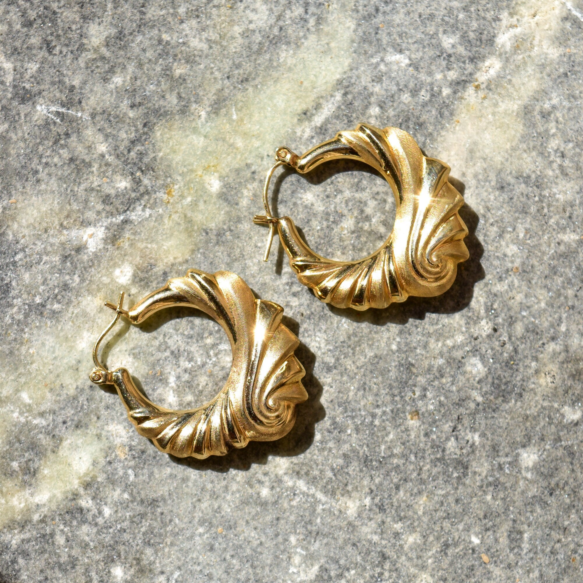Modernist 14K Brushed Swirl Hoop Earrings, Puffed Yellow Gold Spiral Hoops, Estate Jewelry, 30mm