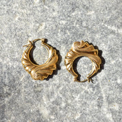 Modernist 14K Brushed Swirl Hoop Earrings, Puffed Yellow Gold Spiral Hoops, Estate Jewelry, 30mm